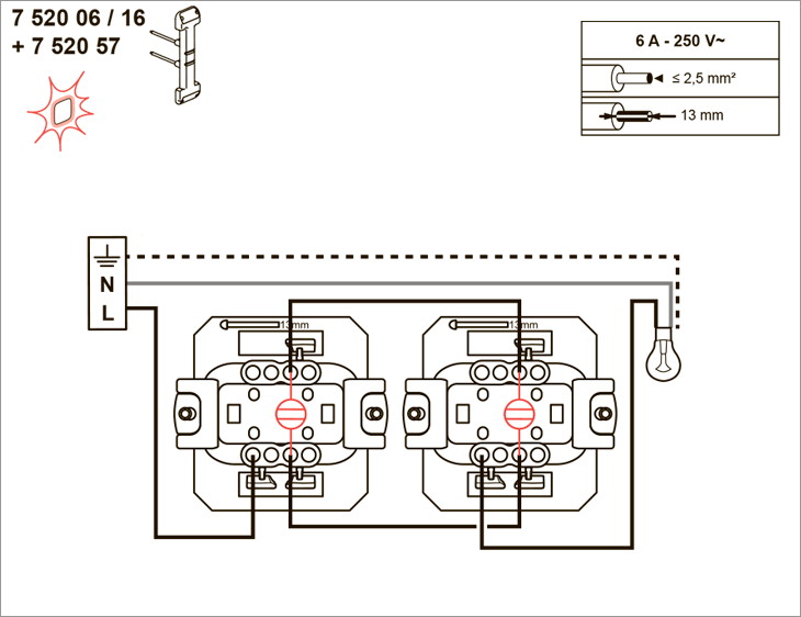 Схема підключення вимикача 752016 з лампою індикації 752057
