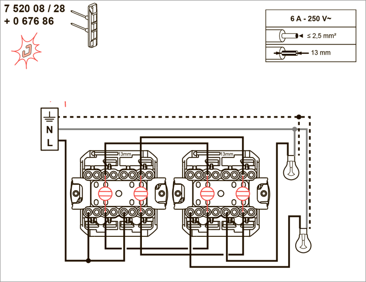 Схема підключення вимикача 752028 з лампою підсвічування 067686