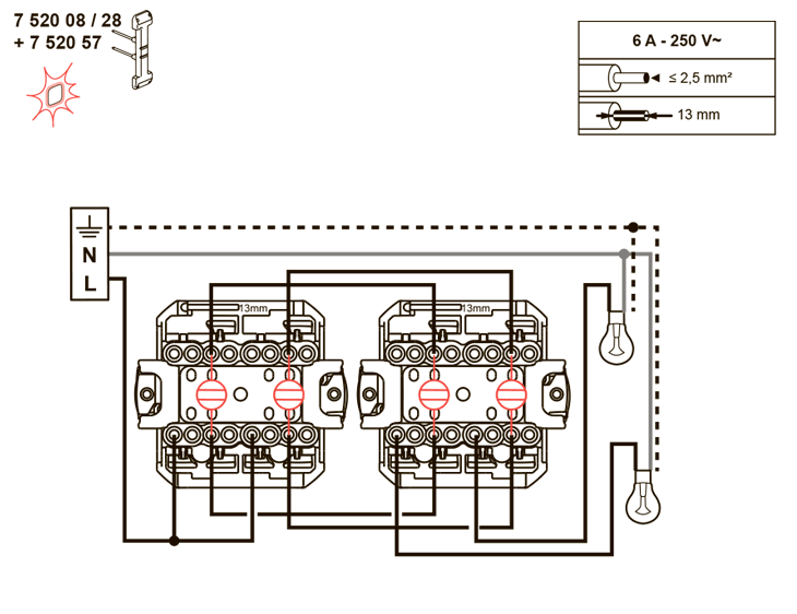 Схема подключения выключателя 752028 с лампой индикации 752057