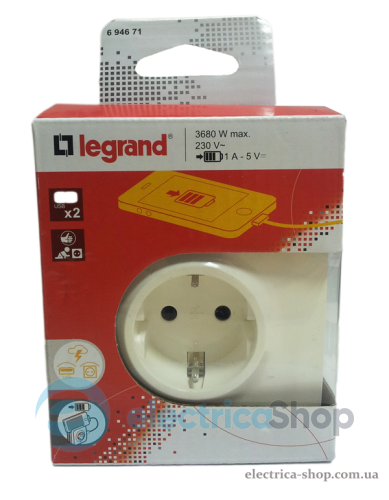 Розетка 2К+З 16 А з ПЗІП і USB роз'ємами Legrand 694671