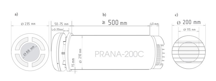 Габаритні і монтажні розміри рекуператора PRANA 200С