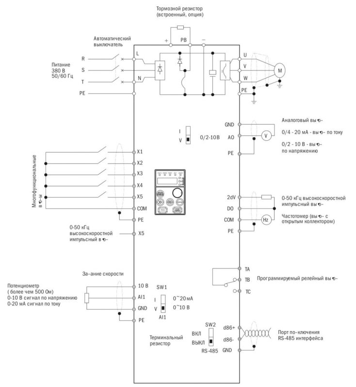 Схема подключения к частотному преобразователю CNT-L620D33V015-022TE