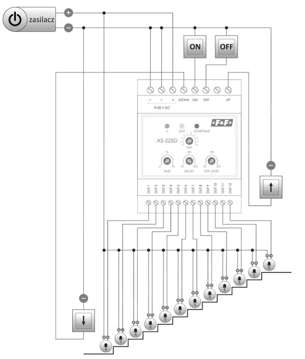 Как подключить лестничное реле AS-225D к светильникам