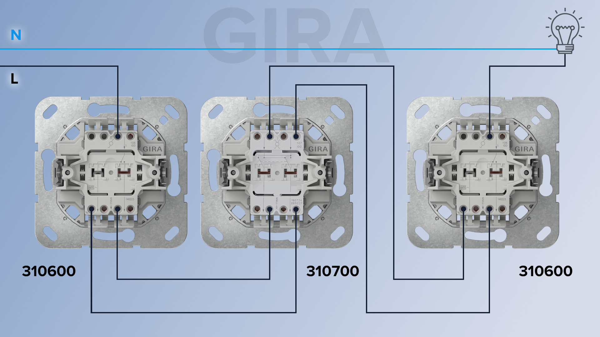 Як підключити перемикач GIRA 310600 у прохідну схему з хрестовим 310700