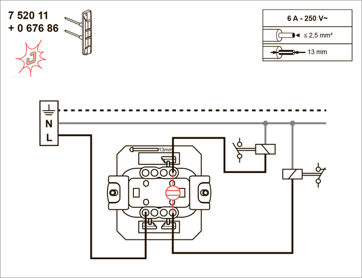 Схема підключення вимикача 752011 з лампою підсвічування 067684