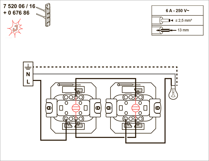 Схема подключения выключателя 752016 с лампой подсветки 067686