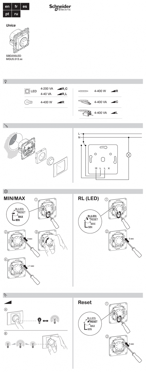 Схема підключення та регулювання універсального світлорегулятора Unica MGU5.513.12
