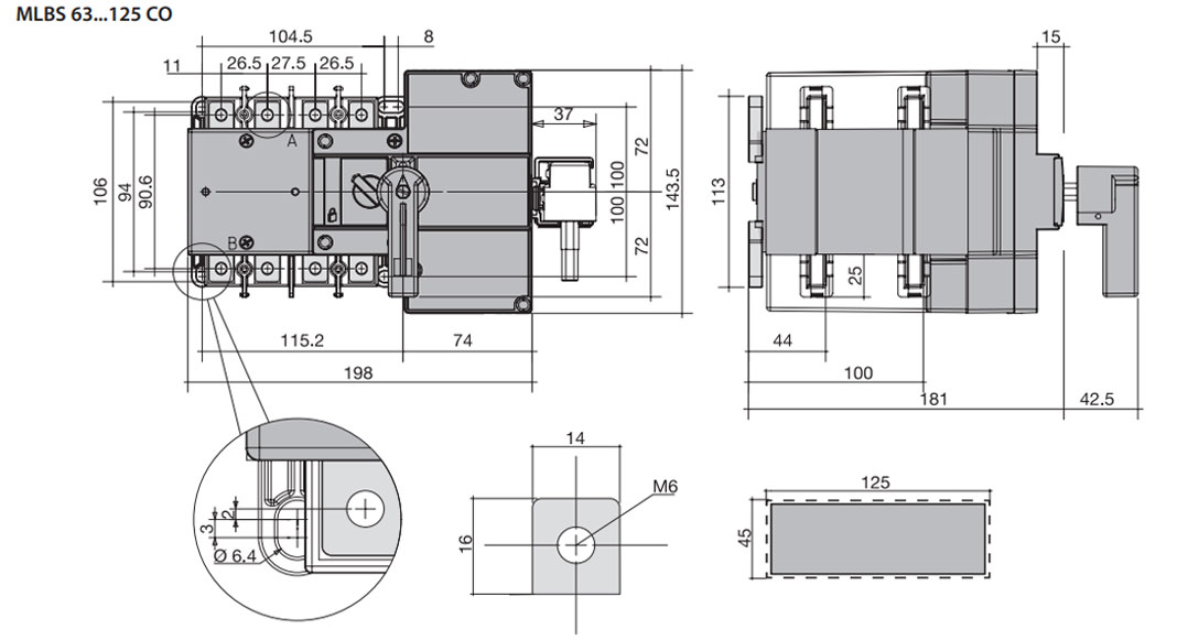 Размеры переключателей нагрузки ETI MLBS CO 63 230VAC 4P