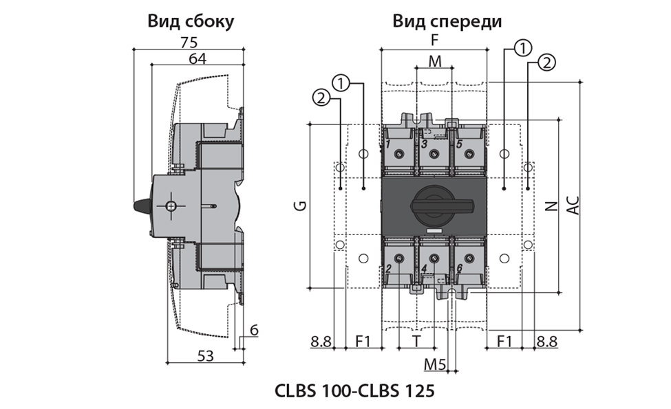 Габаритные размеры выключателя CLBS 125A 3P 4661406 с фронтальной ручкой
