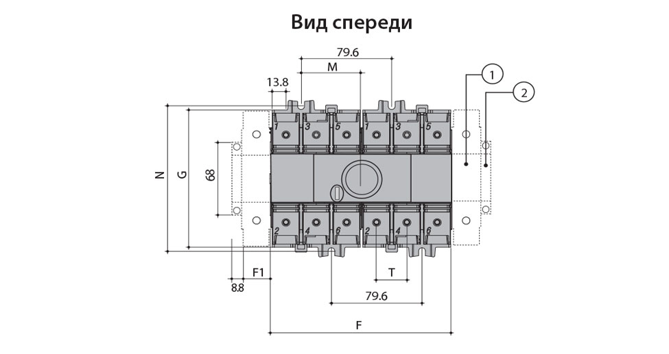 Габаритные размеры переключателя CLBS 125A 3P 4661406 с фронтальной ручкой