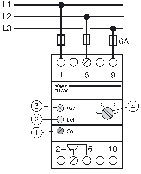 схема подключения реле контроля фаз Hager EU300
