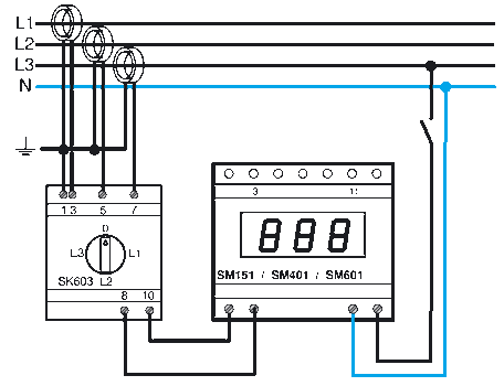схема подключения переключателя sk603 в вольтметру Hager SM501