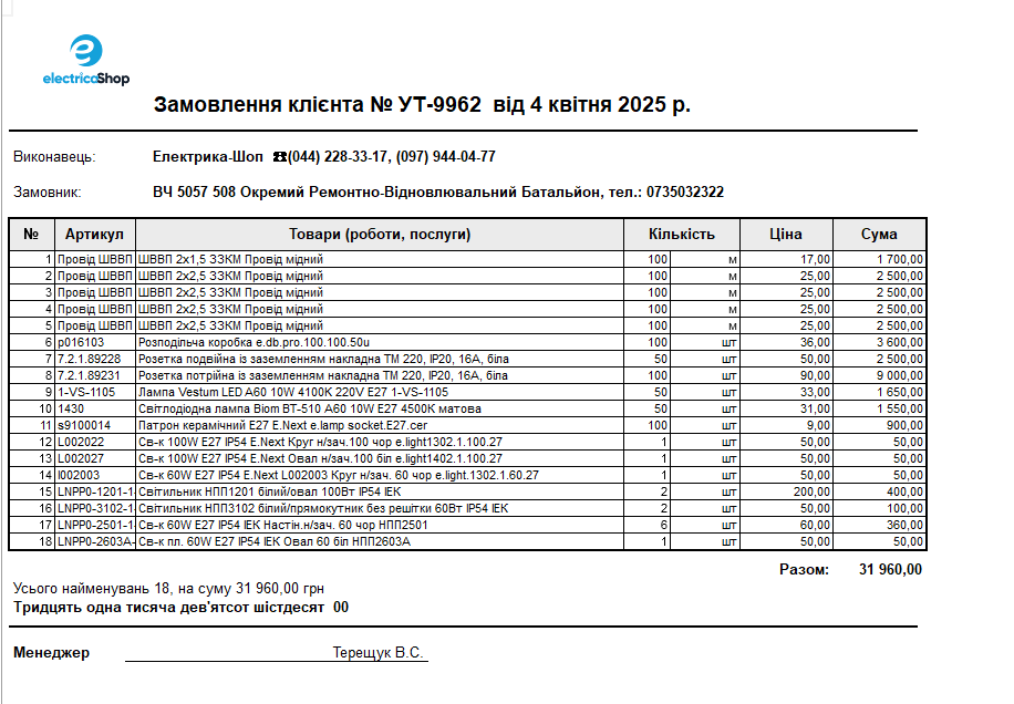 Допомога для ЗСУ Електрика Шоп