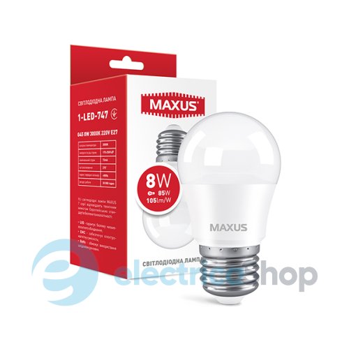 Лампа светодиодная MAXUS G45 8W 3000K 220V E27 1-LED-747