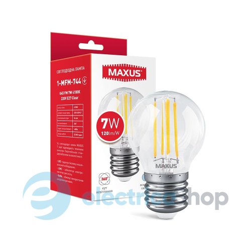 Лампа светодиодная MAXUS G45 FM 7W 4100K 220V E27 Clear 1-MFM-744