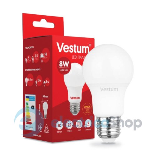 Лампа Vestum LED A55 8W 3000K 220V E27 1-VS-1108