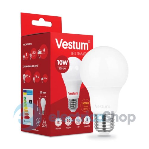 Лампа Vestum LED A60 10W 3000K 220V E27 1-VS-1106