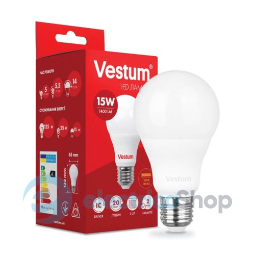 Лампа LED Vestum A65 15W 3000K 220V E27 1-VS-1102