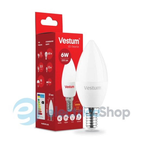 Лампа LED Vestum C37 6W 3000K 220V E14 1-VS-1304