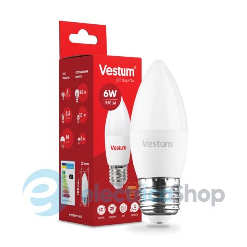 Лампа LED Vestum C37 6W 3000K 220V E27 1-VS-1302