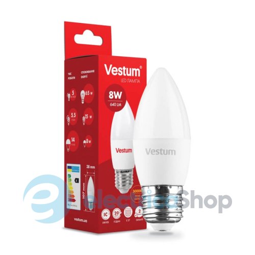 Лампа LED Vestum C37 8W 3000K 220V E27 1-VS-1310