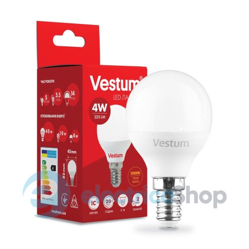 Лампа Vestum LED G45 4W 3000K 220V E14 1-VS-1208