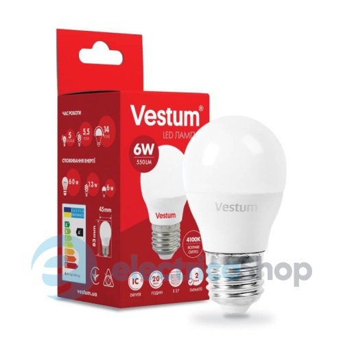 Лампа Vestum LED G45 6W 4100K 220V E27 1-VS-1201