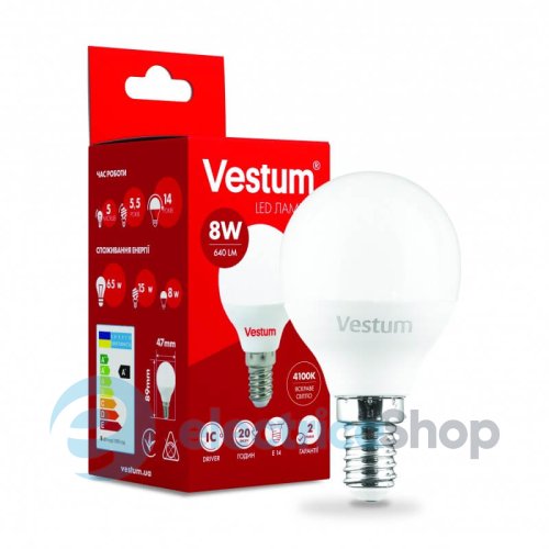 Лампа LED Vestum G45 8W 4100K 220V E14 1-VS-1211
