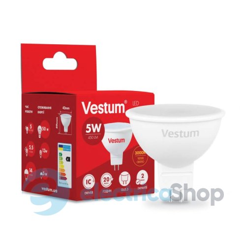 Лампа LED Vestum MR16 5W 3000K 220V GU5.3 1-VS-1504