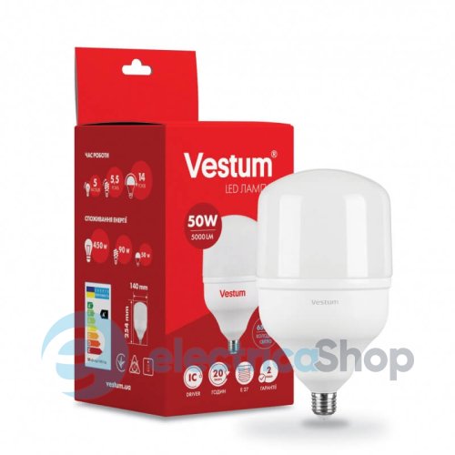 Лампа LED Vestum T140 50W 6500K 220V E27 1-VS-1604 высокомощная
