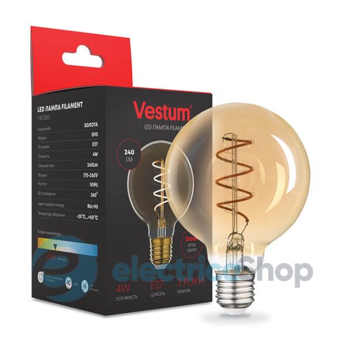 Лампа LED Vestum филамент "винтаж" golden twist G95 Е27 4Вт 220V 2500К 1-VS-2503