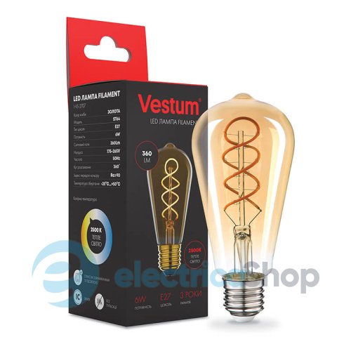 Лампа Vestum LED філамент "вінтаж" golden twist ST64 Е27 6Вт 220V 2500К 1-VS-2707