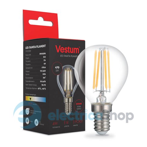 Лампа LED Vestum филамент G45 Е14 4Вт 220V 3000К 1-VS-2226