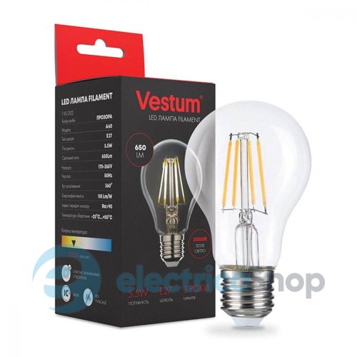 Лампа Vestum LED філамент А60 Е27 5,5Вт 220V 3000К 1-VS-2102