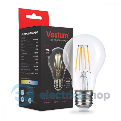 Лампа LED Vestum филамент А60 Е27 5,5Вт 220V 4100К 1-VS-2101