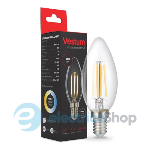 Лампа LED Vestum филамент С35 Е14 5Вт 220V 4100К 1-VS-2309