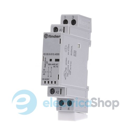 Контактор 2NO 25A 12В AC/DC AgSnO2 мех.индикатор + LED; защита кат., DIN, 17.5мм