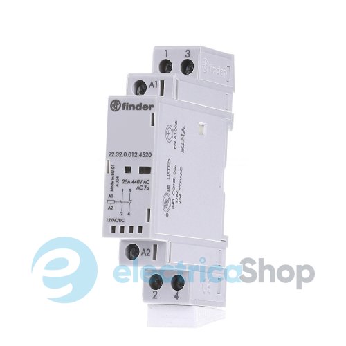 Контактор 1NO+1NC 25A 12В AC/DC AgSnO2 мех.индикатор + LED; защита кат., DIN, 17.5мм