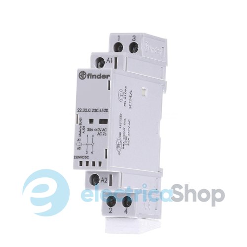 Контактор 1NO+1NC 25A 220-240В AC/DC AgSnO2 мех.индикатор + LED; защита кат., DIN, 17.5мм