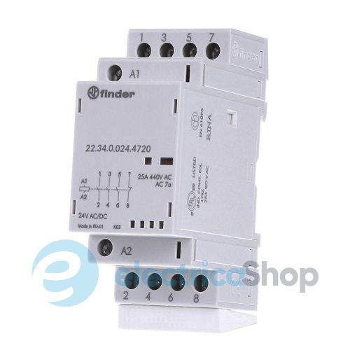 Контактор 3NO+1NC 25A 24В AC/DC AgSnO2 мех.индикатор + LED; защита кат., DIN, 35мм