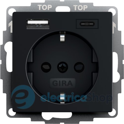 Розетка із захистом та USB Тип A/C, System 55 Gira 2459005 чорний матовий