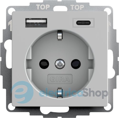 Розетка с защитой и USB Тип A/C, System 55 Gira 2459015 серый матовый