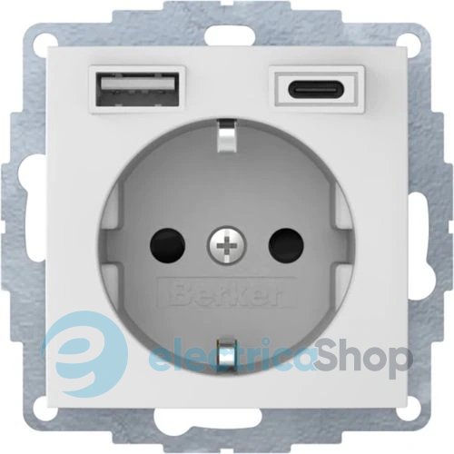 Розетка з з/к 16А/250В + 2хUSB A-С /3A Berker S.1 пол.білизна-matt