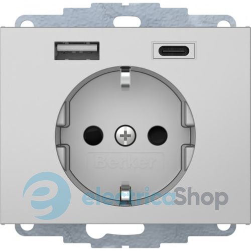 Розетка c з/к 16А/250В + 2хUSB A-С /3A Berker K.5 алюминий-лак