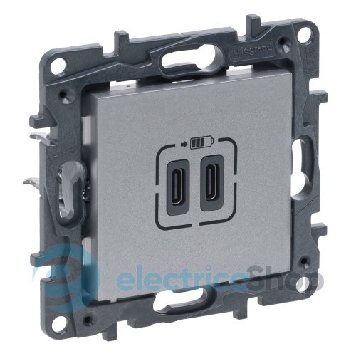 Розетка USB Тип С+C 15 Вт 5 В Legrand NILOE STEP 863339 цвет алюминий