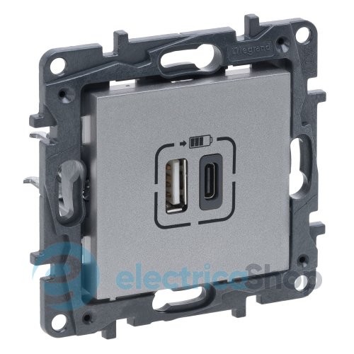 Розетка USB Тип А+C 12Вт+15Вт 5 В Legrand NILOE STEP 863340 цвет алюминий