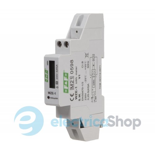 Счетчик электроэнергии WZE-1 F&F, 1/3ф. 1x230V, 3х230V/400V, 5(45)А, 1 тариф, активн., DIN,