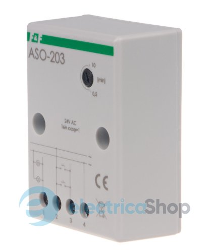 Реле лестничное ASO-203 F&F, 1НО 24V AC/DC 16А, задержка 0,5÷10 мин. с функцией антиблокировки
