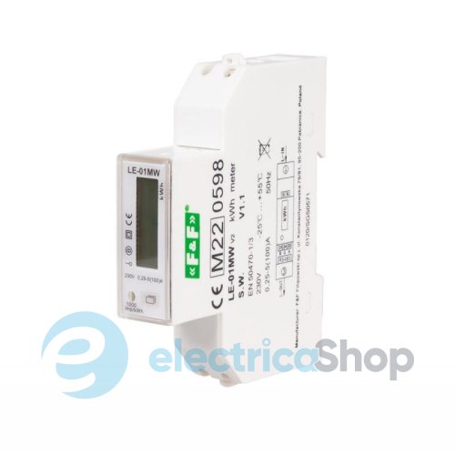 Счетчик электроэнергии LE-01MW F&F, 1ф. 230V 100(5)А, 4 тарифа, активн+реактивн., DIN (1мод), MODBUS RTU, RS485