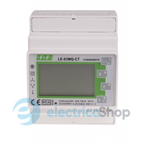 Счетчик электроэнергии LE-03MQ-CT F&F, 1/3ф. 1x230V, 3х230V/400V, 5(6)А, трансф., 1 тариф, 2 направ., DIN, MODBUS RTU, RS485